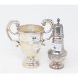 A silver two handle trophy cup, marks rubbed, and a silver sugar caster, approx. 10.3 ozt (2)