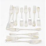 Nine silver fiddle pattern dessert forks, and three other silver forks, mostly initialled or