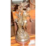 A spelter figure, after Moreau, L'Indiscret, on a faux marble base, 58 cm high