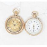 A lady's **not 9ct** is 14ct gold open face fob watch, the enamel dial with Roman numerals, in an