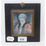 A 19th century half length portrait miniature of a gentleman wearing a hat with a moustache,