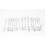 Fifteen 19th century silver fiddle pattern dessert forks, initialled, various dates and makers,