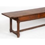 A French cherry farmhouse dining or serving table, with three frieze drawers on plain legs and