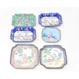 A pair of Chinese export enamel dishes, decorated figures in landscapes, 10 cm wide, and four others