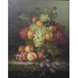 A still life of grapes and peaches in a basket, oil on panel, 48 x 38.5 cm, and its pair (2)