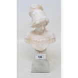 An early 20th century carved alabaster bust head, of a Breton girl, on a tapering stand, 24 cm high