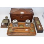 A Victorian rosewood tea caddy, of sarcophagus form, 32 cm wide, an oak box, with a brass plaque