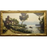 Italian school, 20th century, a lake landscape, with a village in the foreground, oil on canvas,