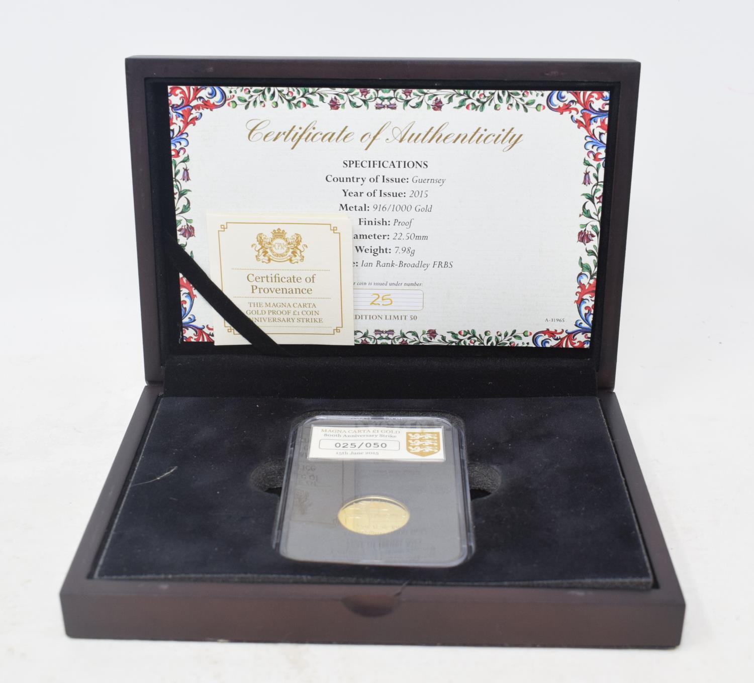 A Magna Carta 800th Anniversary gold proof £1 coin, boxed with certificate