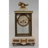 A late 19th century mantel clock, the 8 cm diameter enamel dial with Arabic numerals and floral