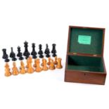 A Jaques & Son ebony and boxwood weighted chess set, The Staunton Chess-Men, the King 11 cm high, in