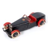 A Meccano No 1 Constructor Car, in black with red wings, with inter-changeable saloon rear body,