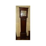 A longcase clock, the 28 cm square painted Roman numeral dial decorated a bird on a branch, and