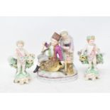 A Meissen style porcelain group, in the form of a boy wearing a fur hat holding an axe, seated on