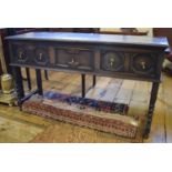 A 17th century style oak dresser base, on barley twist legs, 152 cm wide Report GH Depth - 47 cm