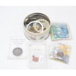 A 2001 mis-strike 2p coin, assorted 'pre 47 silver coins, other coins, banknotes, presentation stamp