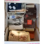 Assorted GB and other stamps, postcards and ephemera (box)