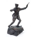 A modern bronze figure, Over the top Boys - a Welsh Fusilier officer blowing his whistle, on a