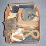 Assorted military uniforms, a gas mask, leather flying hats and a morse code/lamp signalling set (