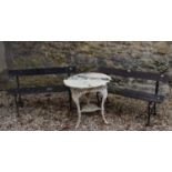 A pair of garden benches, 122 cm wide, and a cast iron pub table (3)