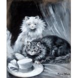 Louis Wain, Has our mistress been killing Birds, grey wash and bodycolour, signed, 29.5 x 24 cm