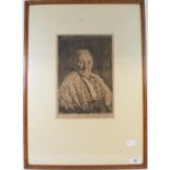 A Joseph Simpson trial proof etching, of a lady wearing an ermine shawl, signed in pencil and five