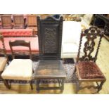 A Victorian walnut work box, 41 cm wide, a painted metal strong box, 51 cm wide, a hall chair, and