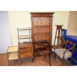 A pair of bedside tables, 47 cm wide, a tray top commode, an open bookcase, a corner washstand,