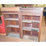 A pair of tambour fronted oak cupboards, one with shelves, the other with cutouts for guns, 82 cm