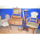 A mahogany jardiniere stand, 117 cm high, a Pembroke table, a toilet mirror, five armchairs, and