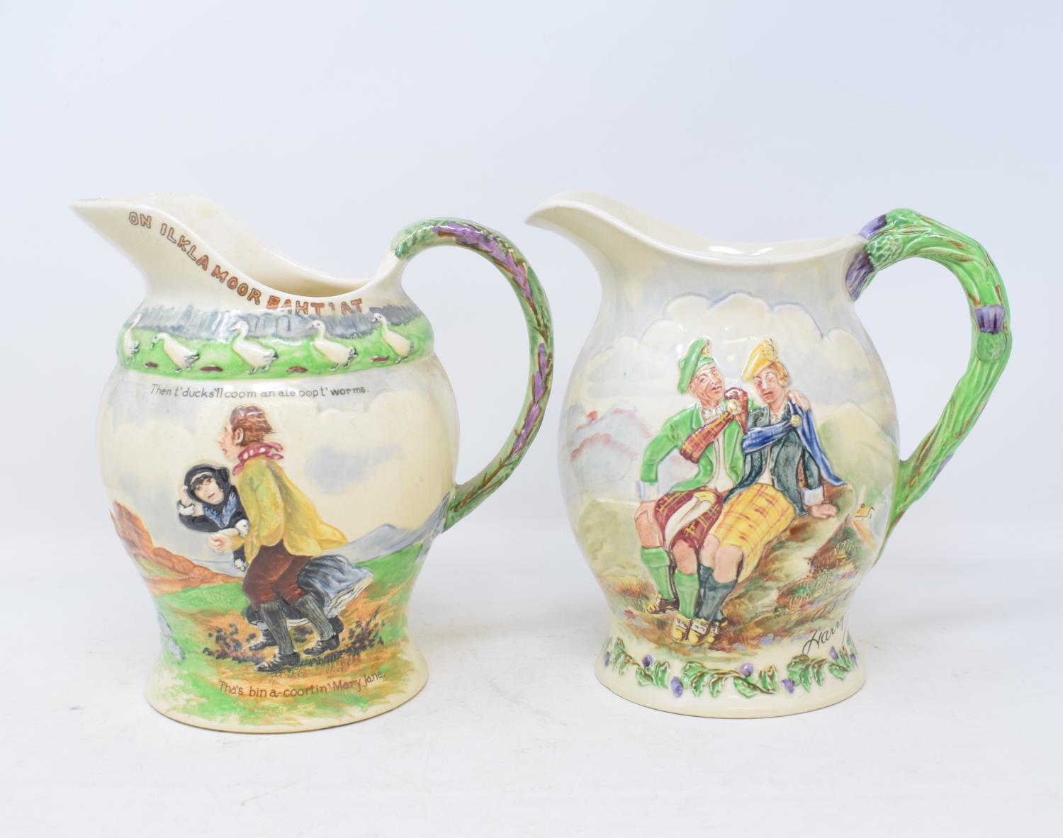 A Crown Devon Roamin' In The Gloamin musical jug, 20 cm high, another, On Ilkla More Baht'at, a