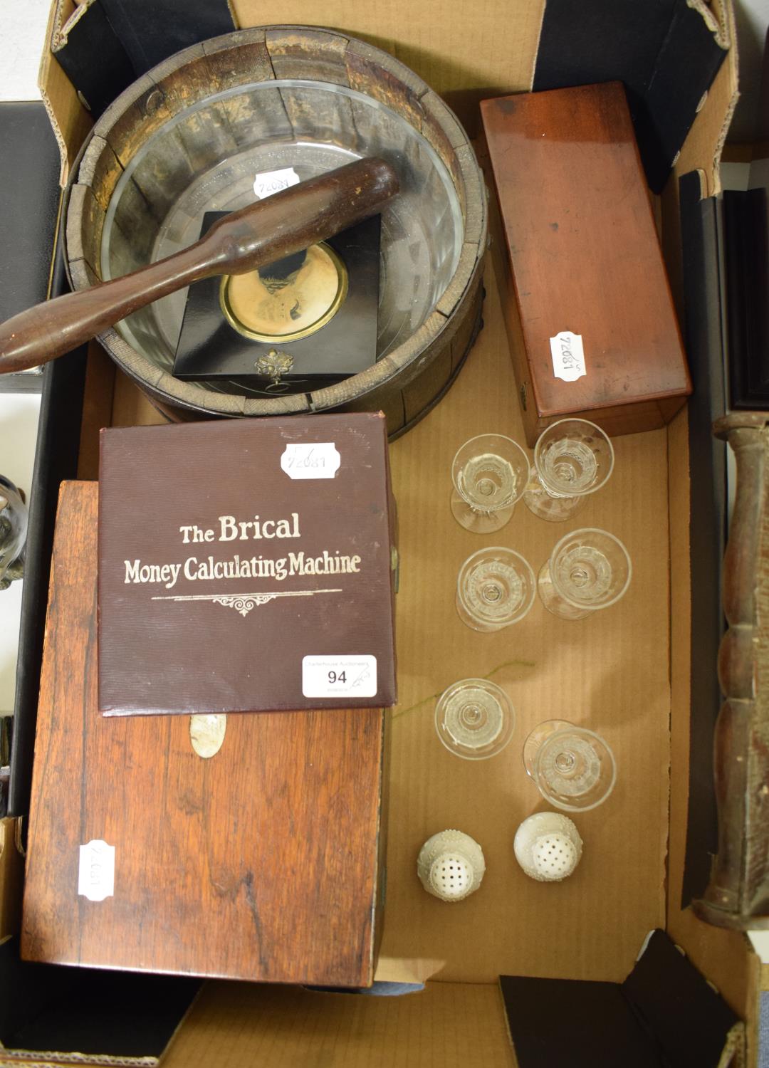 A Brical Money Calculating Machine, for compound addition, cased, a pestle and mortar, a rosewood