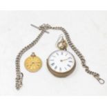A 9ct gold fob watch, a pocket watch, an Albert, assorted costume and other jewellery, in a rosewood