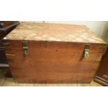 A teak chest, bound in brass, with brass carrying handles to the sides, 98 cm wide Report by RB