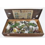 Assorted Britains painted metal farm animals, scenery and items, in an associated box