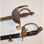 A Prussian sword, a scabbard, and a basket hilt sword, reduced in length (2) Report GH The