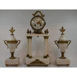 A late 19th century French clock garniture, the clock having an 8.5 cm diameter enamel dial with