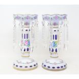 A pair of cased glass lustres, with floral decoration, 26 cm high (2)