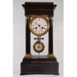 A late 19th century French portico clock, with 9.5 cm diameter enamel dial with Roman numerals,