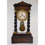 A late 19th century French portico clock, the 8.5 cm enamel dial with Roman numerals, fitted an