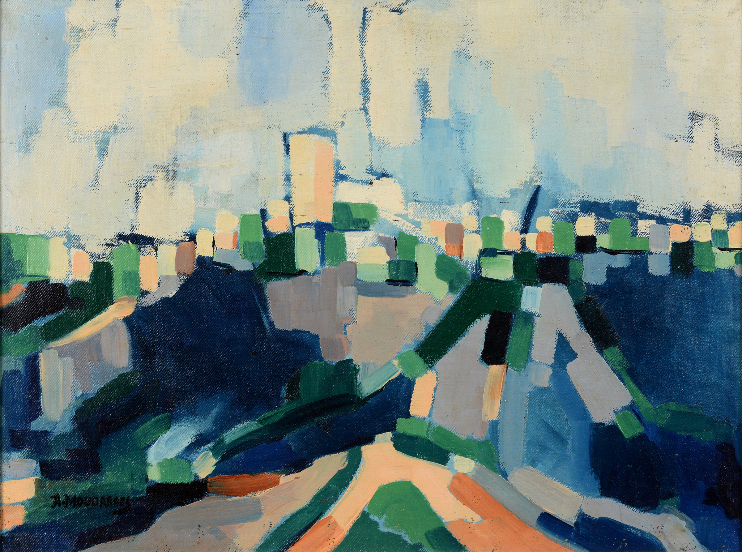 Fateh Moudarres (Syrian, 1922-1999), The Cityscape, oil on canvas, signed, label verso with gift