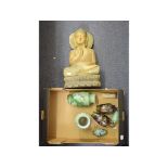 A carved wood Buddha, 51 cm high, a pair of Japanese vases, 21 cm high, and other items (box)