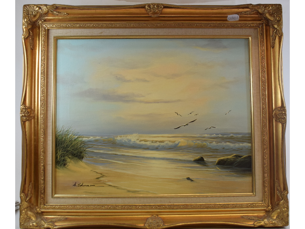 A Edmonson, looking out to sea from the dunes, oil on canvas, signed, 39 x 50 cm, and other pictures