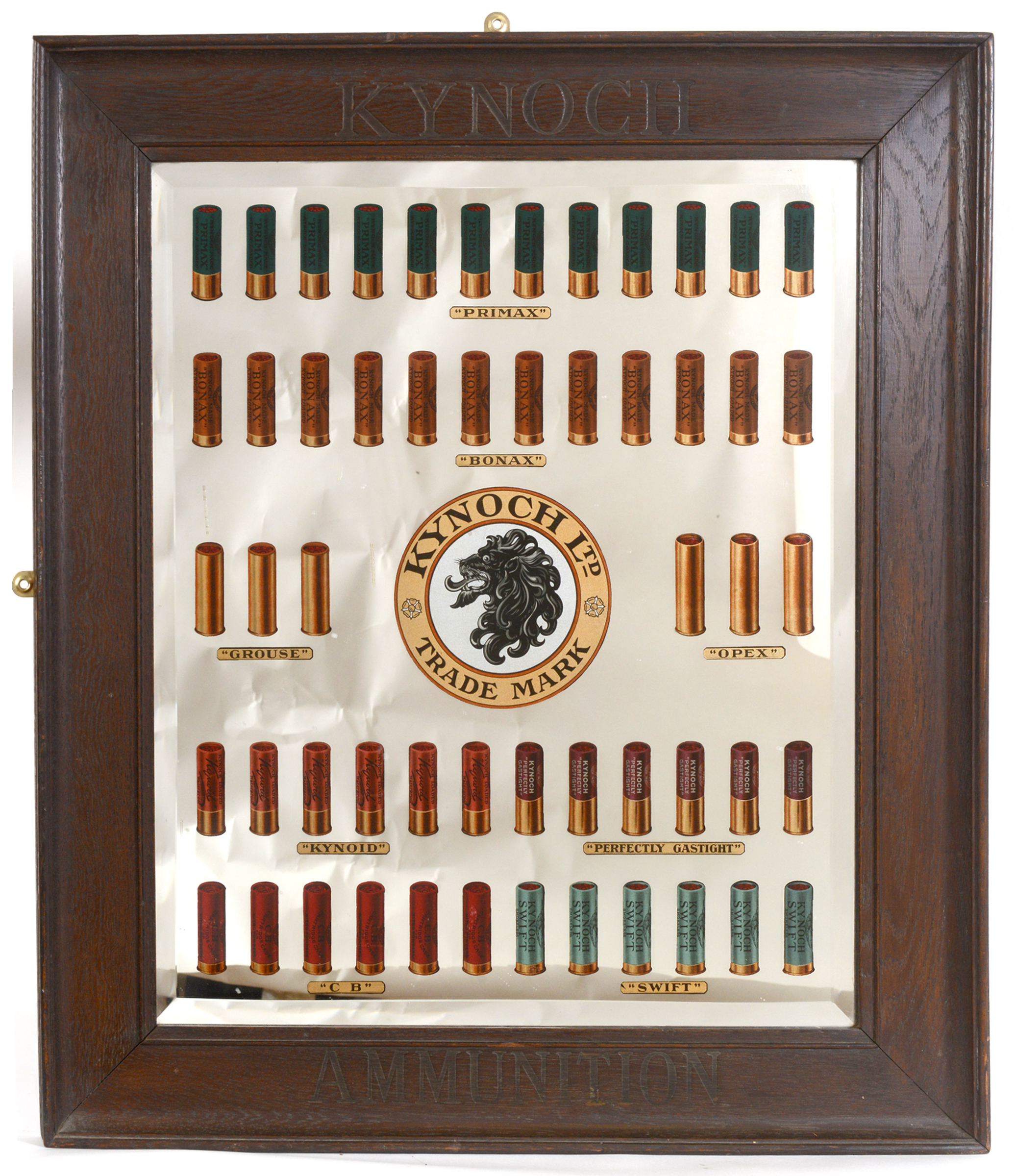 An early 20th century Kynoch shotgun cartridge display mirror, comprising an arrangement of Kynoch
