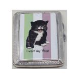 A silver cigarette case, later applied a suffragette plaque, 7 cm wide Modern