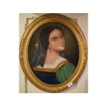 Continental school, 19th century, head and shoulders portrait of a lady wearing a blue and green