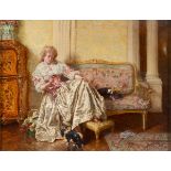 Talbot Hughes, In Disgrace, an interior scene with a lady and two dogs, oil on panel, signed and