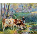 Raymond Louis Lecourt (1882-1946), cattle watering, oil on canvas, signed and dated 1921, 64 x 79 cm