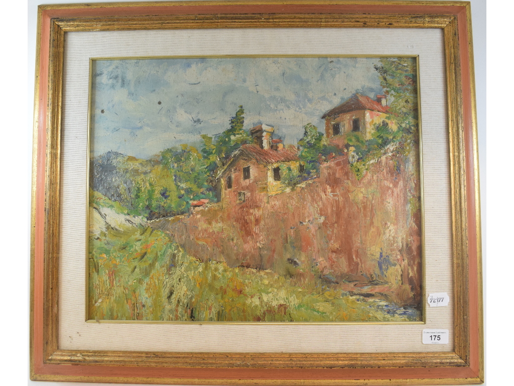 Continental school, 20th century, farmhouses, oil on board, 38.5 x 48.5 cm Report by RB Some crazing