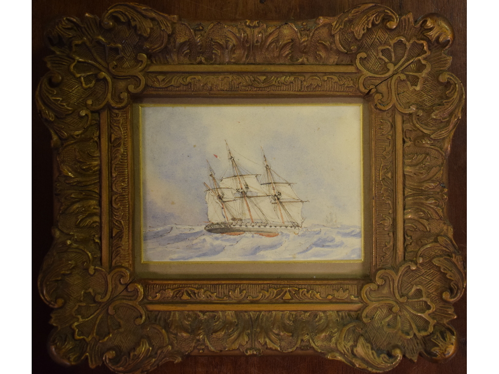 Manner of Nicholas Matthew Condy (1818-1851) a ship in heavy seas, watercolour, 7.5 x 11 cm, its
